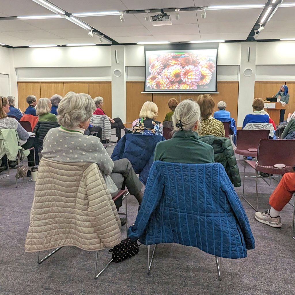 A group of seated adults facing a projector screen with a speaker at the podium in the Montshire Community Room