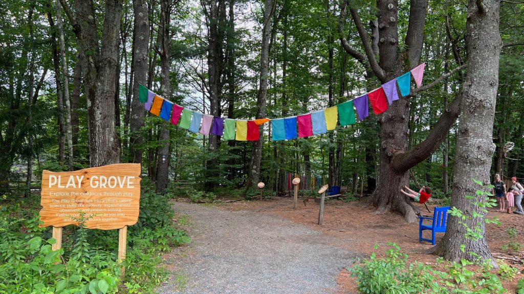 A view of the entrance to the play grove with a sign at left, colorful banners overhead, and a child enjoying a rope swing on the right.